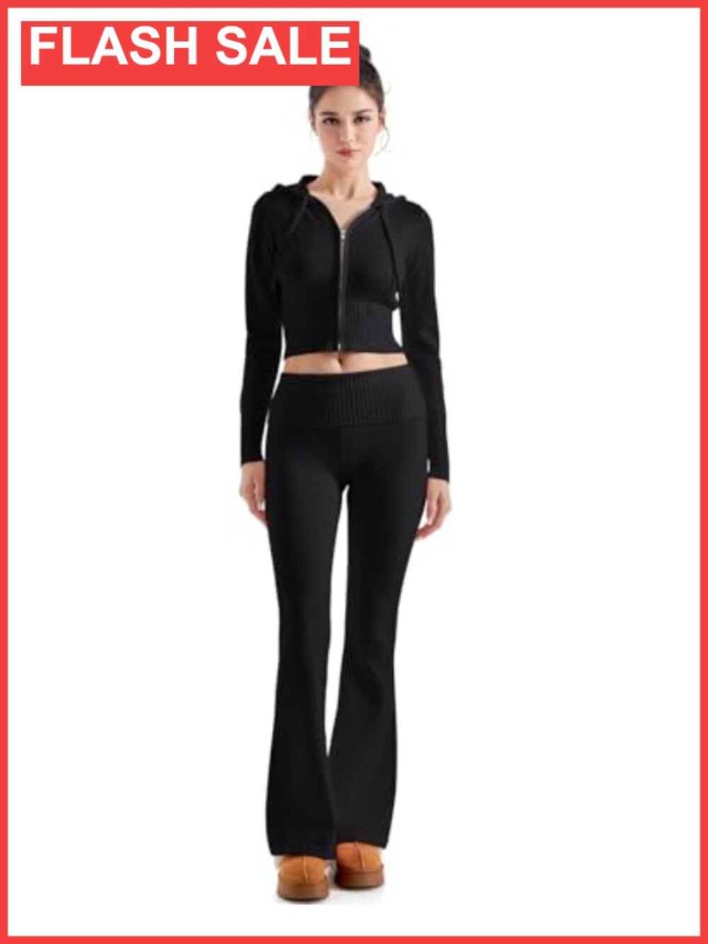 Women's 2 Piece Knit Sets Cropped Zip Up Hoodie Flare Leg Pants